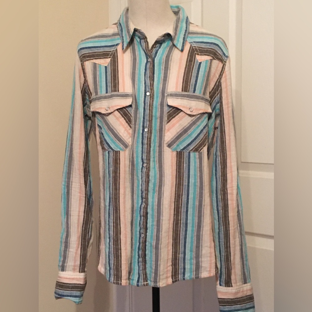Free People Vintage Striped multi turquoise pink grey and white snap blouse M